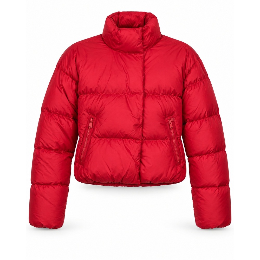 Athleta Red Down Puffer Jacket Size M Cropped Funnel Neck Quilted Winter Coat